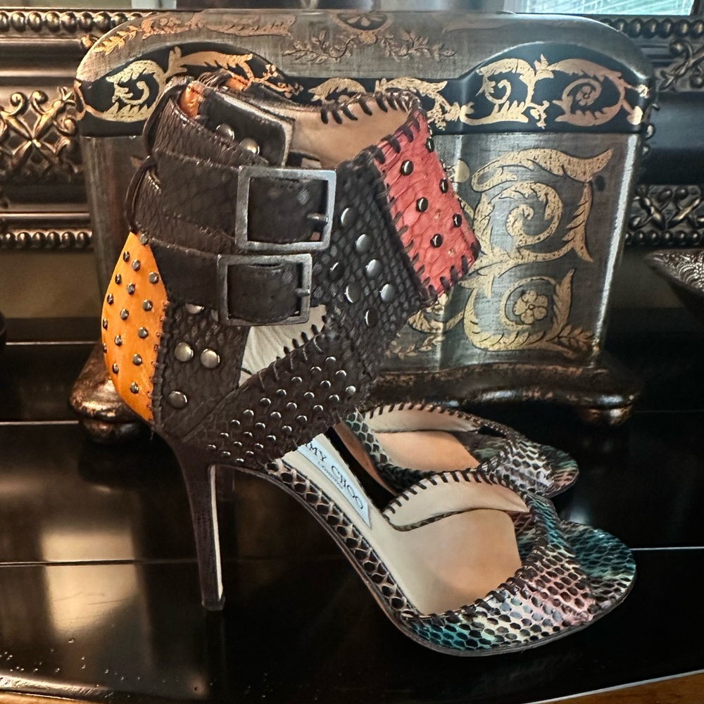Jimmy Choo Multi-Color “Zoom” snakeskin, ankle strap, studded heels